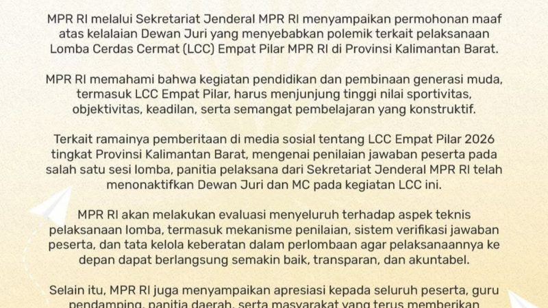 MPR RI Minta Maaf soal Polemik LCC, Juri dan MC Dinonaktifkan